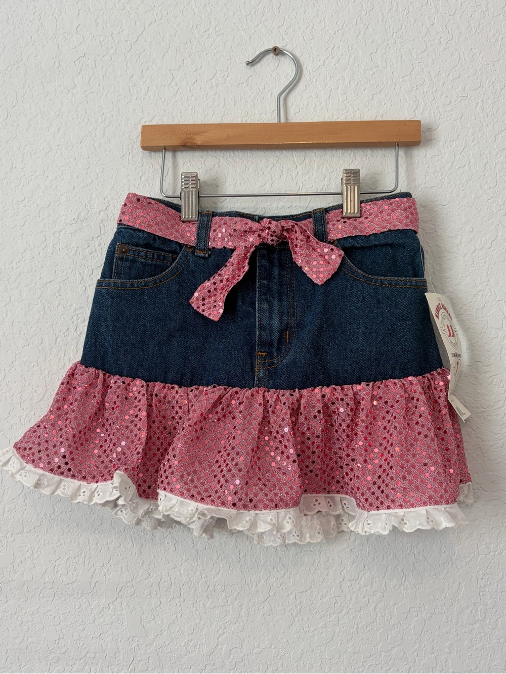 Girls' Kiddie Koral Denim Mini Skirt with Pink Sequin Ruffle